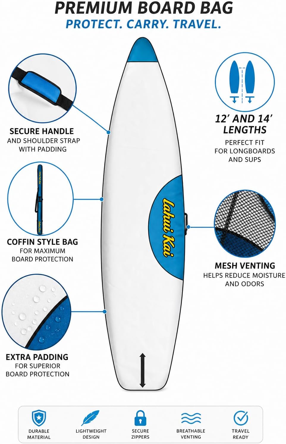12' and 14' Lahui Kai Stand Up Paddle Board SUP Touring Race Bag, Cover, Carrying Case, Storage – Extra Thick Padding, Shoulder Strap, Handle, Coffin Style Bag