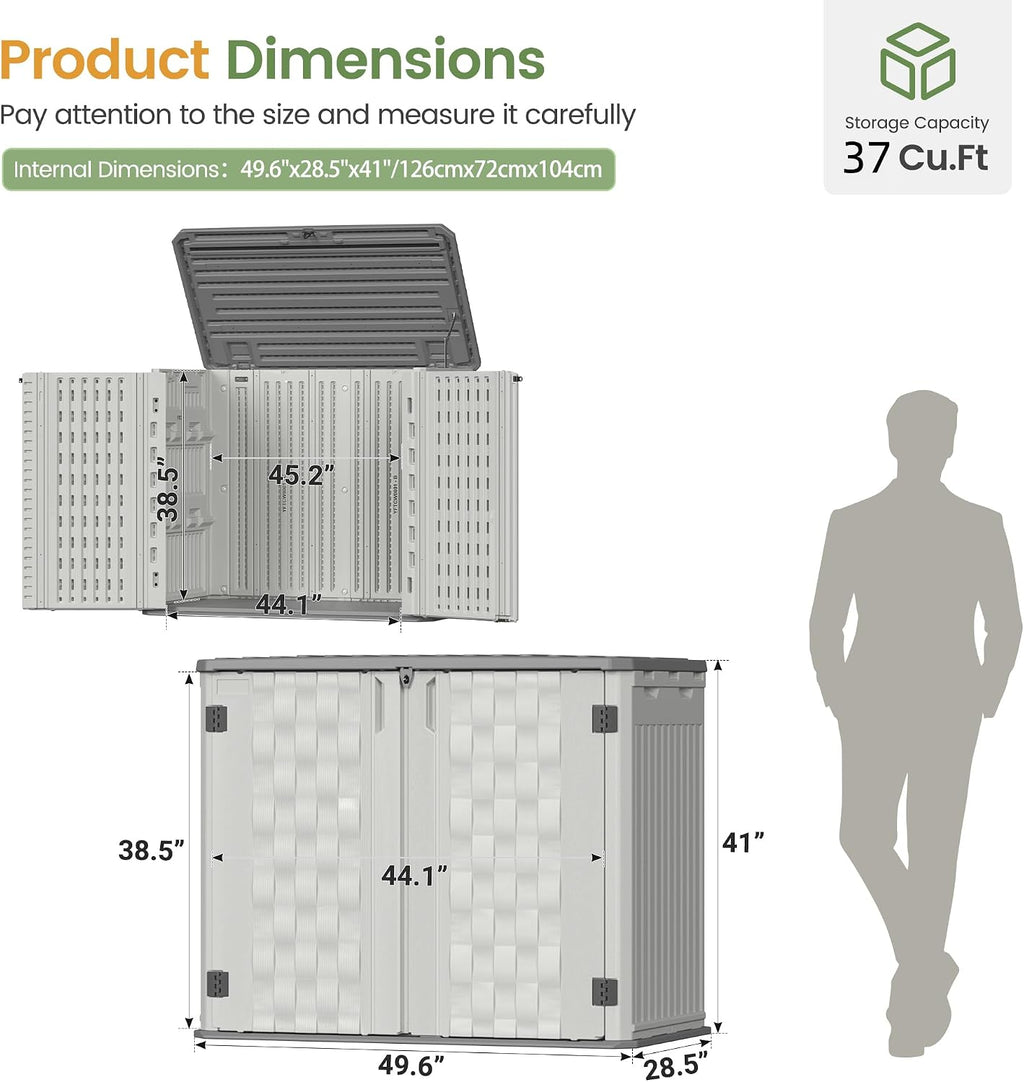 Amopatio 37 Cu Ft Premium Vertical Storage Shed, Outdoor Resin Shed with Floor, Waterproof Weather Resistance Plastic Cabinet, Lockable Doors for Patio, Garden Tools, Lawn, Grey&White