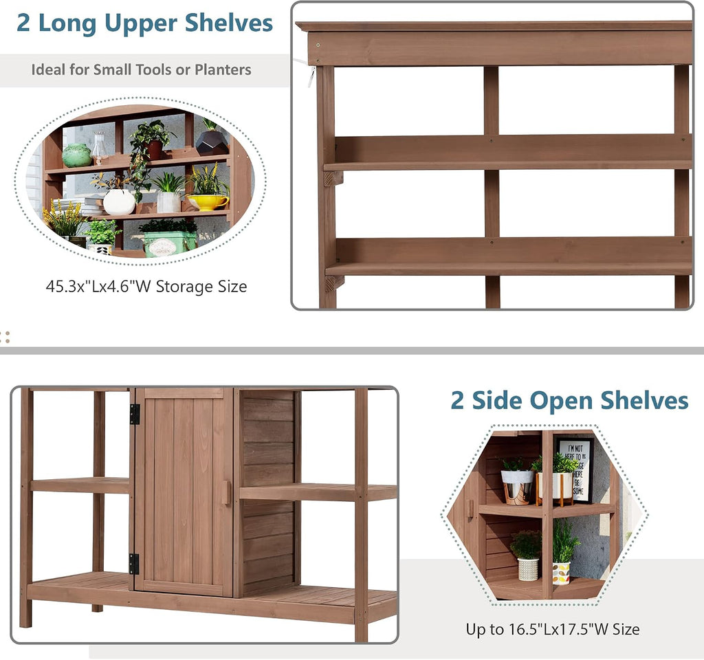 66' Large Outdoor Farmhouse Wooden Potting Bench Table, Garden Workstation with 2 Drawers, Cabinet and Open Shelves for Backyard, Mudroom, Brown