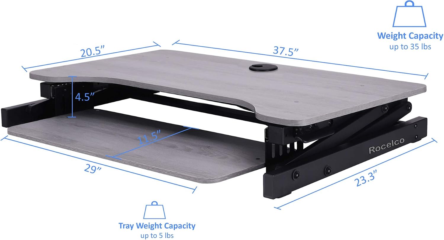 Rocelco 37.5' Deluxe Height Adjustable Standing Desk Converter - Quick Sit Stand Up Dual Monitor Riser - Gas Spring Assist Computer Workstation - Large Retractable Keyboard Tray - Gray (R DADRG)