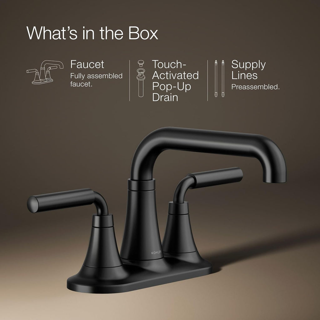 KOHLER K-27414-4-BL Tone™ Centerset Bathroom Sink Faucet, Clicker Drain, Bathroom Faucets, 1.2 GPM, Matte Black