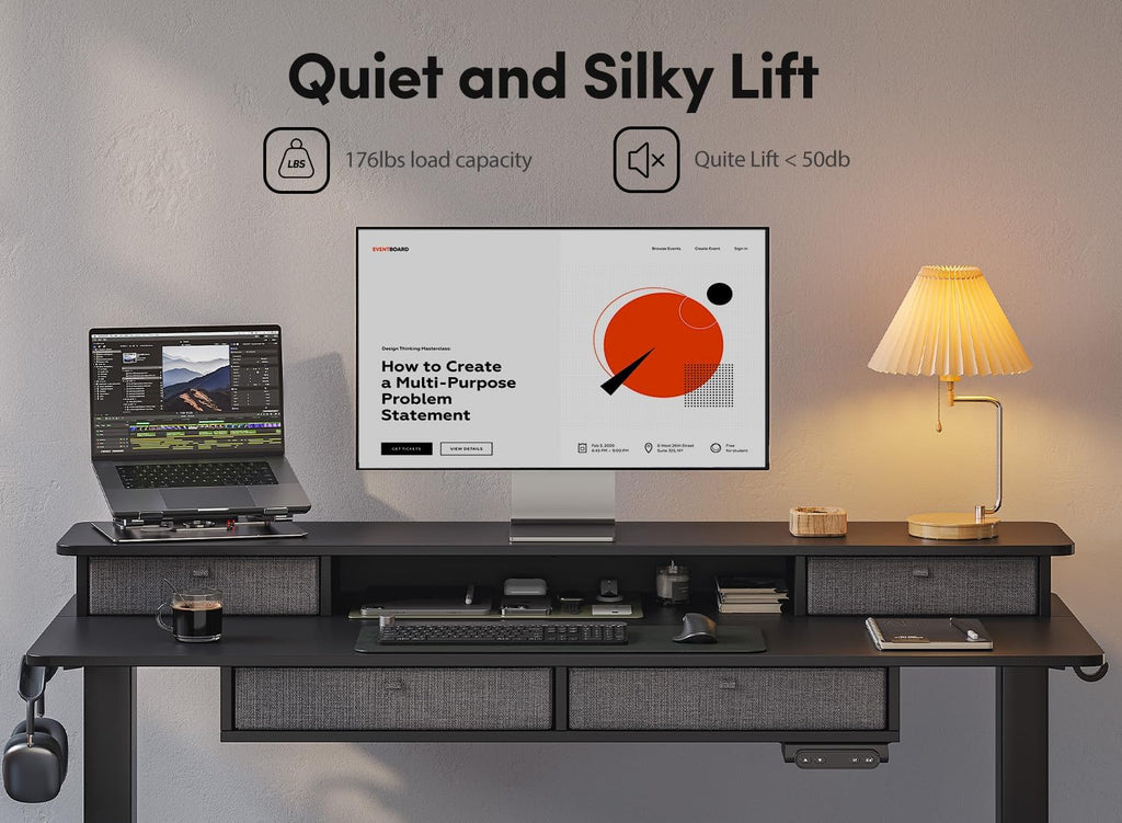 BANTI Height Adjustable Electric Standing Desk with 4 Drawers, 48 x 24 Inch Table with Storage Shelf, Sit Stand Desk, Black Top