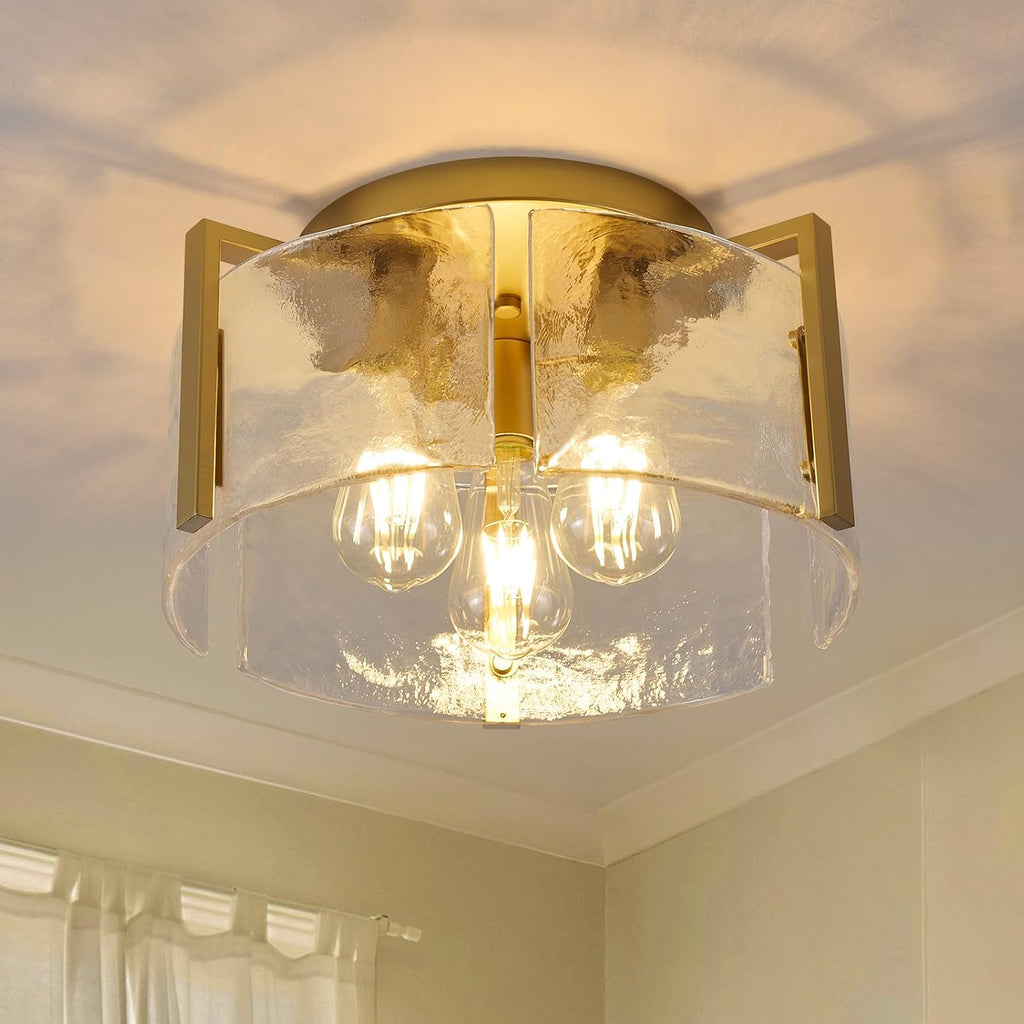 Gold Semi Flush Mount Ceiling Light Fixture, 14-Inch Farmhouse Modern Flush Mount Light Glass Drum Lights Foyer Lighting Fixtures for Kitchen Entryway Hallway Laundry Room Bedroom Bathroom