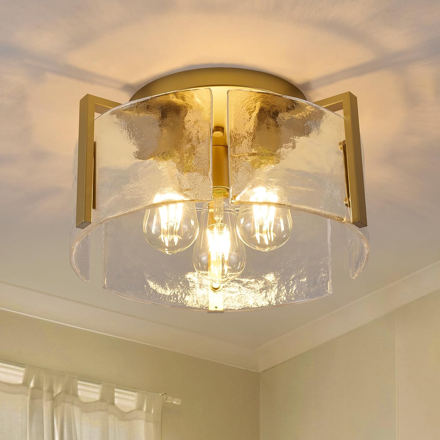 Gold Semi Flush Mount Ceiling Light Fixture, 14-Inch Farmhouse Modern Flush Mount Light Glass Drum Lights Foyer Lighting Fixtures for Kitchen Entryway Hallway Laundry Room Bedroom Bathroom