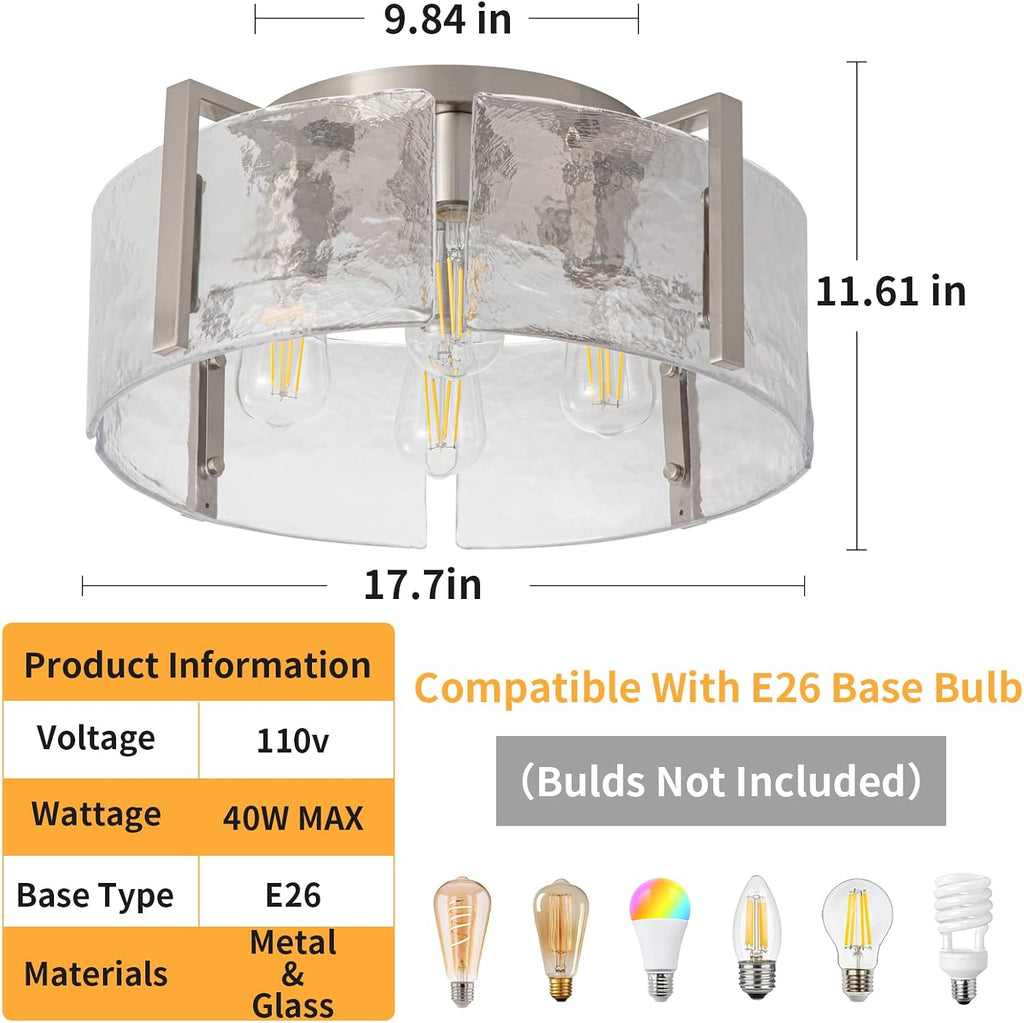Nickel Semi Flush Mount Ceiling Light Fixture, 17.7-Inch Glass Drum Flush Mount Light Modern Foyer Lighting Fixtures Farmhouse Kitchen Lights for Entryway Hallway Bathroom Laundry Room Bedroom
