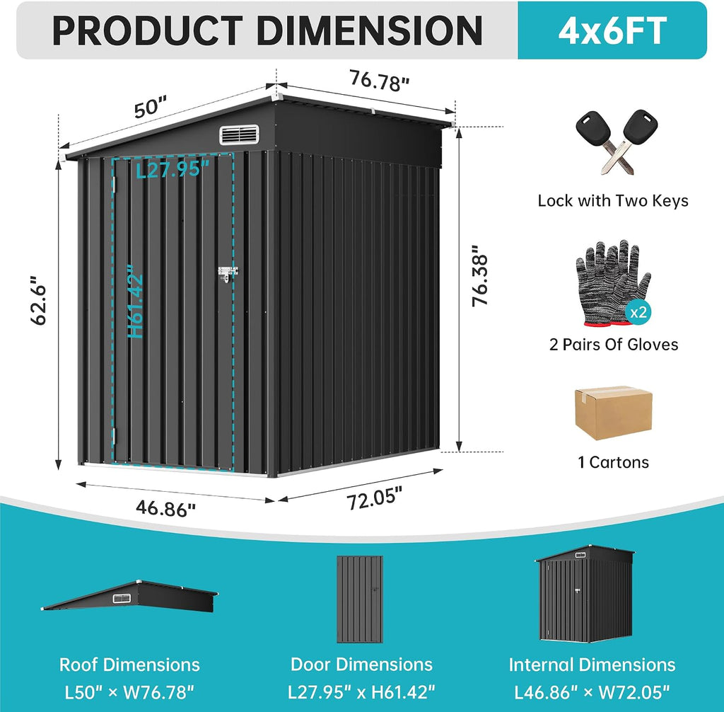 4x6 Lean to Yard Storage Shed, Outdoor Lean to Storage Sheds, Metal Wall Side Bike Shed with Lockable Door for Tool Garden Sheds for Patio Lawn Yard, Black