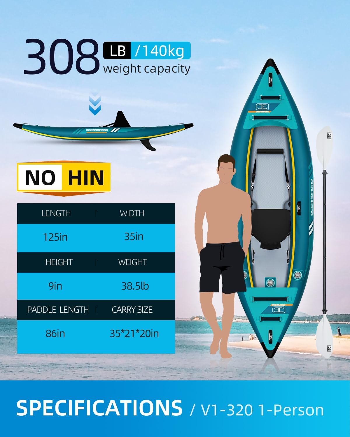 OCEANBROAD Inflatable Sit-in Kayak(NO HIN), 1 Person/2 Person Blow Up Kayak for Adults with Paddle, Kayak Seat, Pedal, Hand Pump and Bag, Blue/Sky Blue