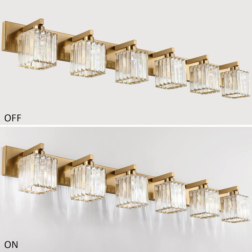 Aipsun Bathroom Vanity Light Brass Crystal Vanity Lighting Fixtures 6 Light Modern Bathroom Lighting Fixtures (Exclude Bulb)