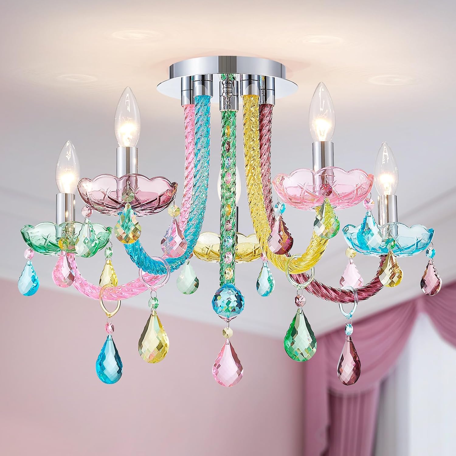 5-Light Children Candle Chandeliers, Modern Candy Design Flushmount Light Fixture for Bedroom, Dining Room, Kitchen, Bathroom, D22×H16 inch, Clear Rainbow Color Finish & K9 Crystal