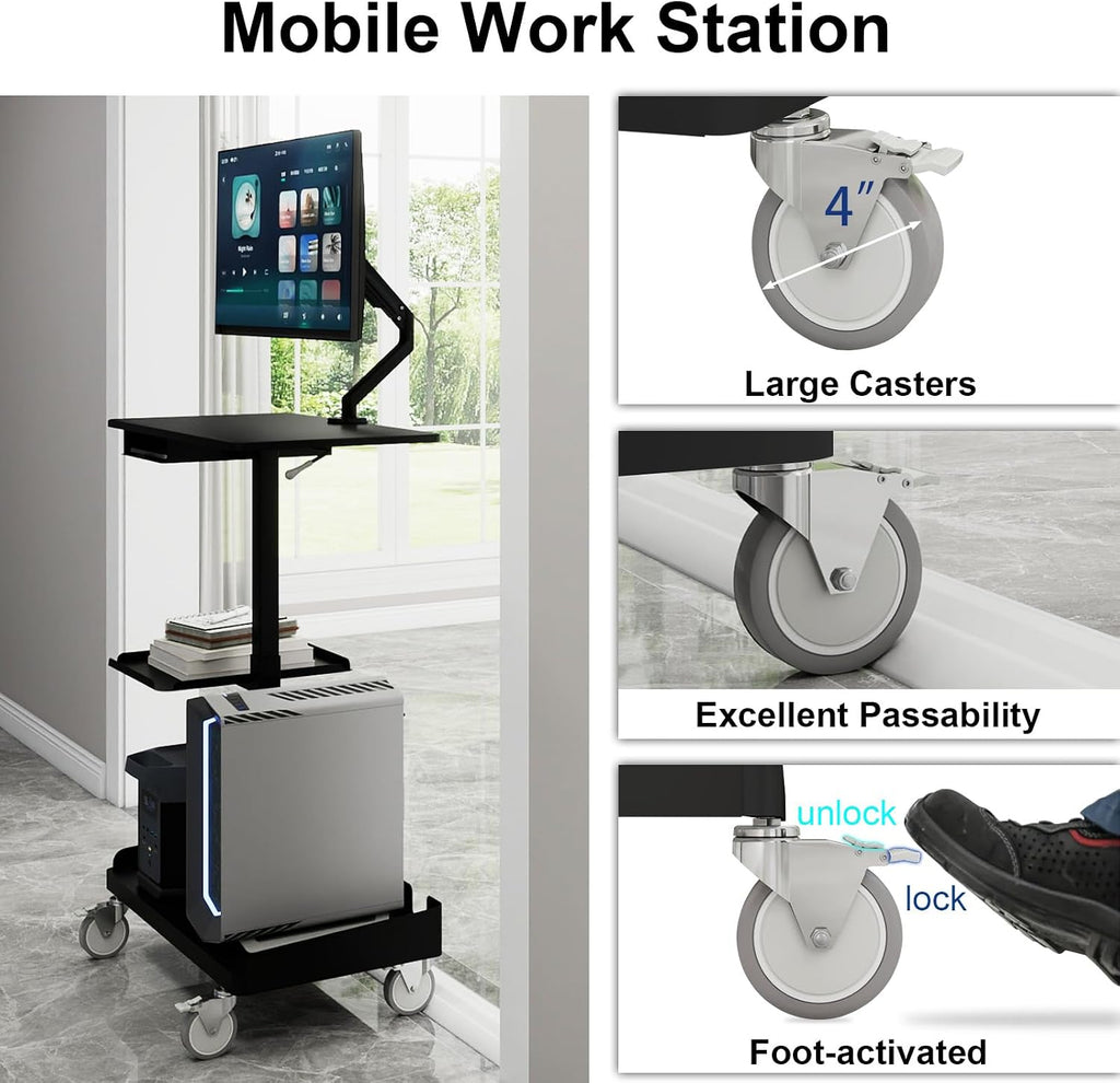 Natwind Mobile Workstation Cart with Monitor Mount,Height Adjustable Rolling Computer Cart, Heavy-Duty Rolling Standing Desk with CPU Holder for Home Office, School,Warehouse, Medical（Black）