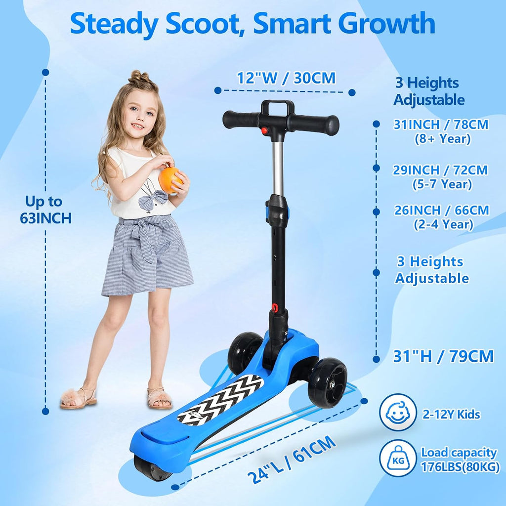 Electric Scooter for Kids Ages 3-12, Full Body Lights Up, Wide Deck, 3 Adjustable Heights, 5MPH Safe Speed, 90min Riding, Foldable 3 Wheel Electric Scooter for Kids Boys Girls Toddler