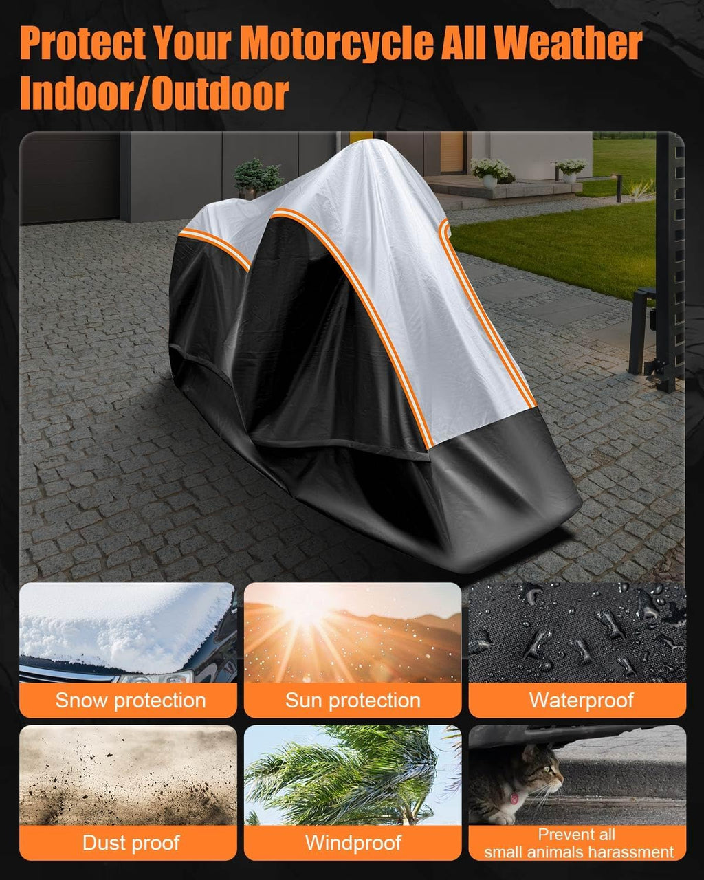 Full Enclosed Large Motorcycle Cover Waterproof Outdoor/Indoor Storage Motorcycle Cover Heavy Duty with Reflective Strips Fits Motorcycles Length up to 118' with Side+Top Box (Black+Sliver)
