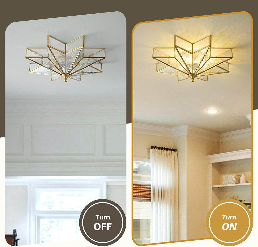 Star Brass Vintage Ceiling Light - 19.7 Inch Large Hammered Glass Antique Brushed Gold Flush Mount Fixture, Mid Century Art Deco Overhead Lighting for Kitchen Hallway Bedroom Bathroom Laundry Entryway