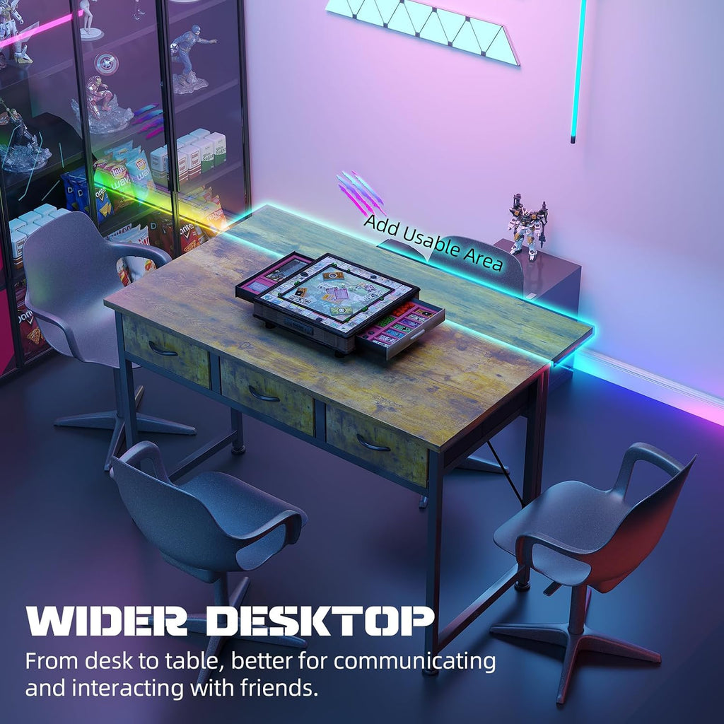 MUTUN Computer Desk with Drawers, 40 Inch Computer Desk with Power Outlet & LED Light, Gaming Desk with Adjustable Monitor Stand & Pegboard, Modern PC Study Writing Table for Bedroom, Rustic Brown