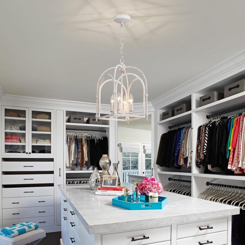 4-Light Chandeliers, Farmhouse White Chandelier for Dining Room Light Fixtures, Lantern Metal Kitchen Pendant Light Fixtures, Rustic Cage Chandelier for Bedroom Living Room Kitchen Island Hallway