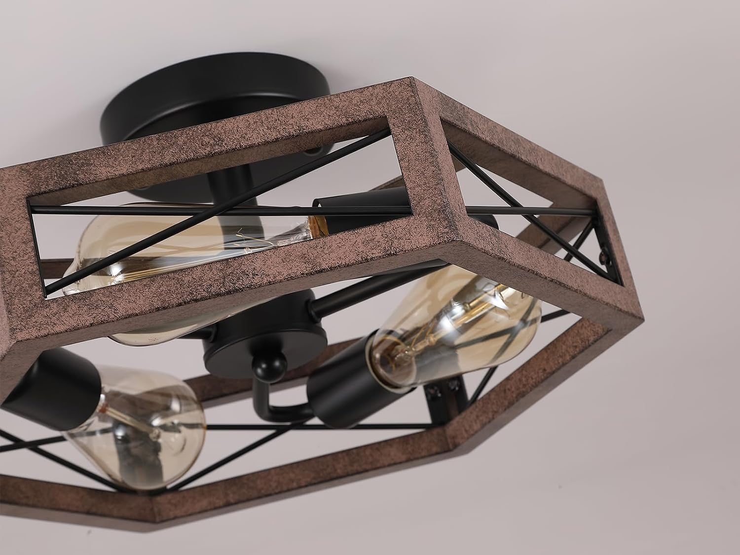 2 Pack 3-Light Rustic Farmhouse Metal Flush Mount Ceiling Light Fixture 14.5 inch Antique Oak Hexagon Cage Semi Flush Mount Ceiling Light for Hallway Hall Entry Bedroom Kitchen Farmhouse, Black