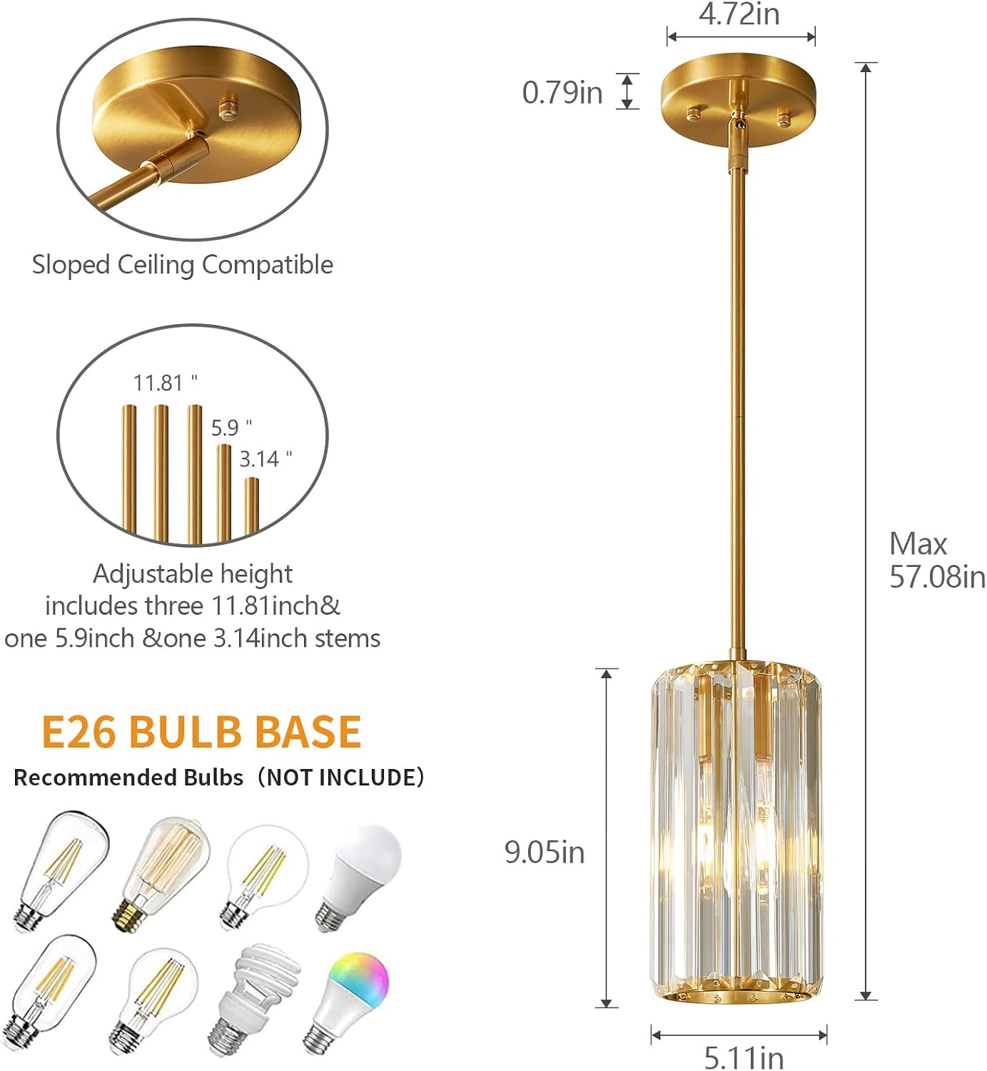 Gold Pendant Lighting Modern Pendant Light Mini Crystal Chandeliers Adjustable Pendant Light Fixture for Kitchen Island Dinning Room Corridor Bedroom(Gold 3-Pack)