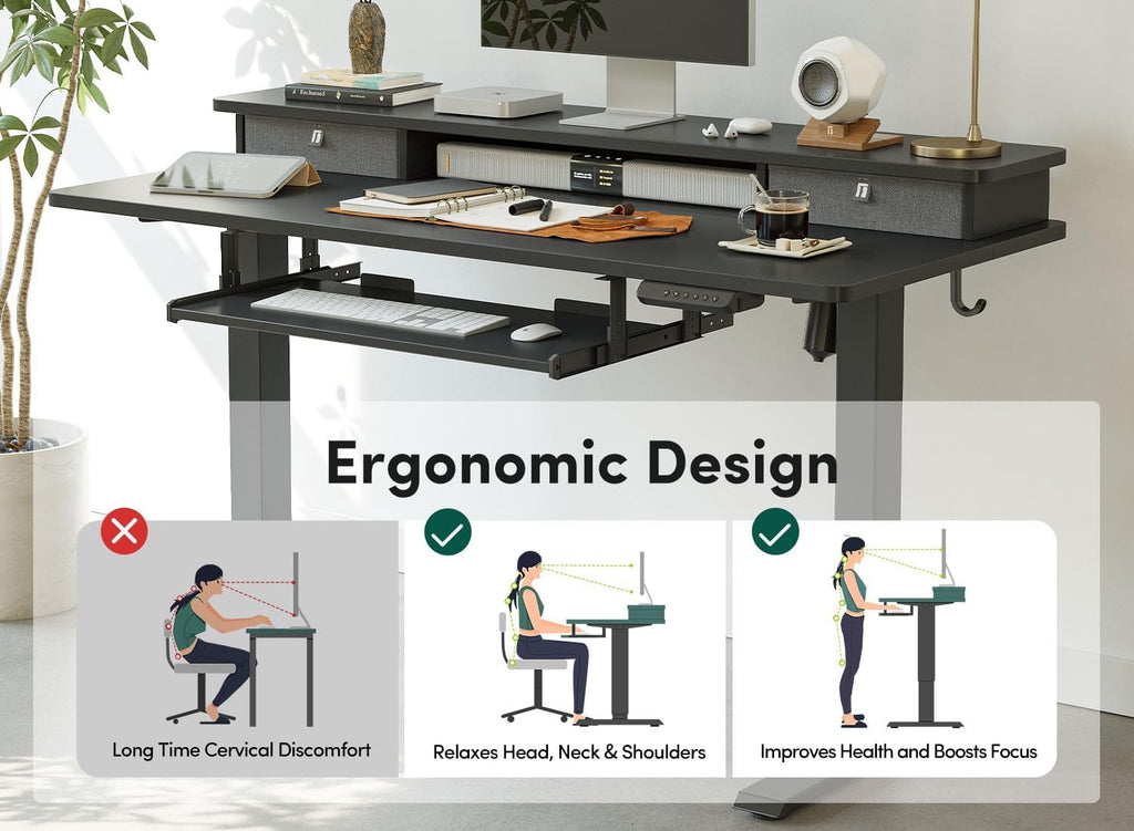FEZIBO Standing Desk with Drawers and Keyboard Tray, 48'×24' Electric Height Adjustable Table with Monitor Shelf, Computer Home Office Sit and Stand up Workstation, Black