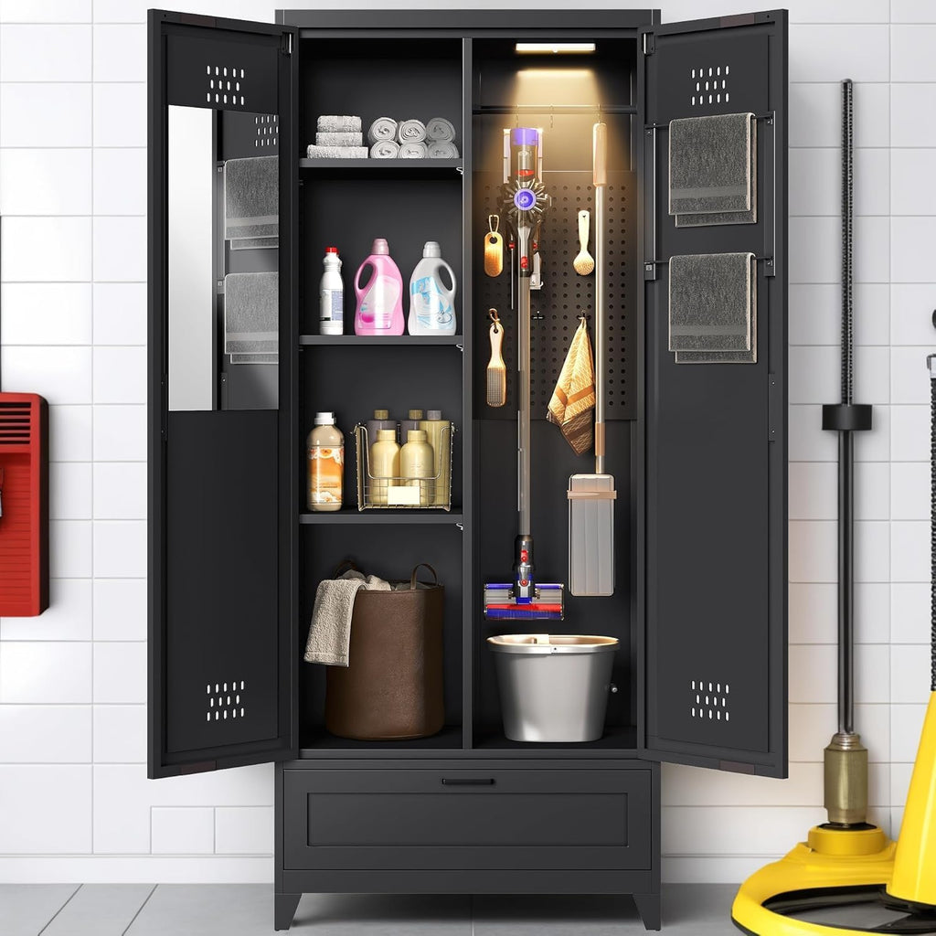 YITAHOME 71' Metal Garage Broom Cabinets with Adjustable Shelves, Vacuum Storage Cabinet with Doors and Drawer, Tool Storage Cabinet for Gym, Basement, Warehouse, Black, Metal