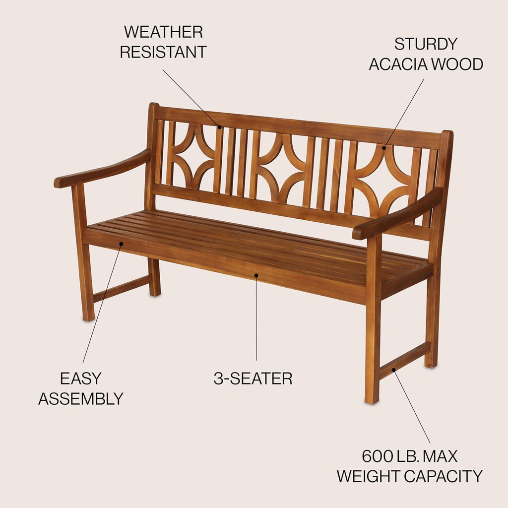 JONATHAN Y BNH100A Sloane 59.1' 3-Seat Ogee Diamond-Back 600-Lbs Support Acacia Wood Outdoor Garden Patio Bench for Garden, Lawn, Backyard, Pool, Deck, Beach, Firepit, Teak