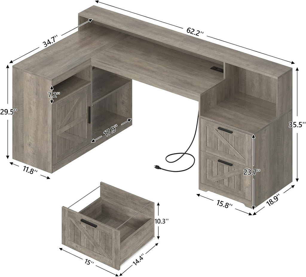TVU Farmhouse L Shaped Desk with Drawers, 62.2' Home Office Desk with Storage Shelves and Power Outlet, L Shaped Computer Desk with Monitor Stand and Printer Shelf, Gray