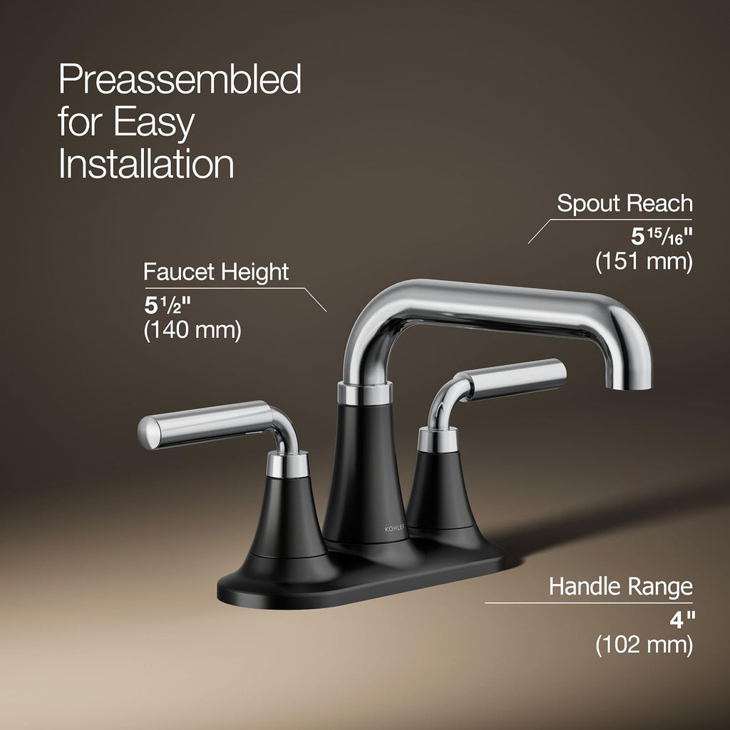 KOHLER K-27414-4-CBL Tone™ Centerset Bathroom Sink Faucet, Clicker Drain, Bathroom Faucets, 1.2 GPM, Polished Chrome with Matte Black
