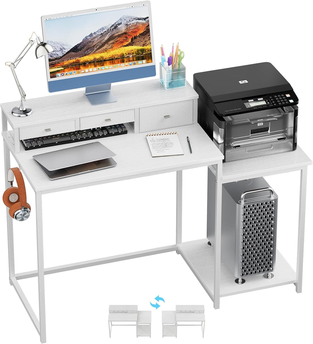 SINPAID 47 inch Computer Desk with Printer Shelf, Gaming Desk with Monitor Stand and Drawers, Reversible Home Office Desk with Storage Shelves and 2 Hooks, Home Workstation for Study Writing, White