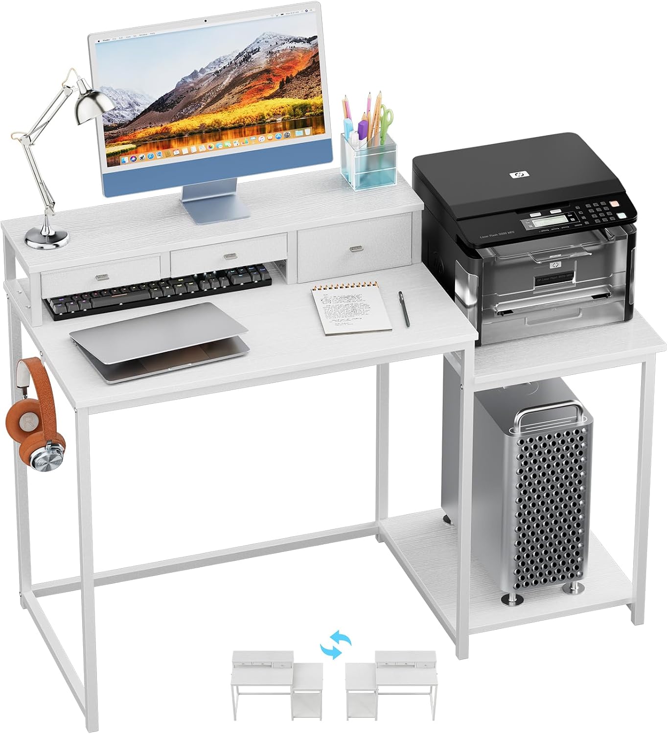 SINPAID 47 inch Computer Desk with Printer Shelf, Gaming Desk with Monitor Stand and Drawers, Reversible Home Office Desk with Storage Shelves and 2 Hooks, Home Workstation for Study Writing, White