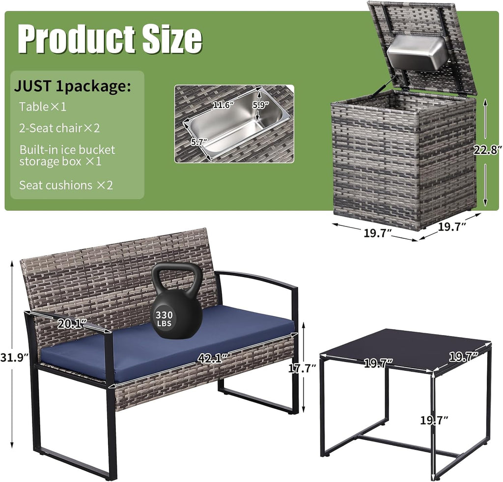 FHFO 4 Piece Outdoor Patio Furniture Set with Built-in Beverage Cooler Storage Box, Wicker Conversation Sets Patio Outdoor Loveseats & Coffee Table for Outside, Garden, Balcony, Porch, Grey/Blue