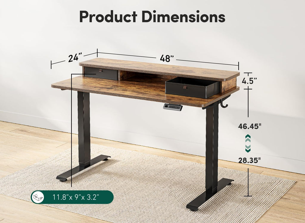 FEZIBO 48 x 24 Inch Height Adjustable Electric Standing Desk with Double Drawer, Stand Up Table with Storage Shelf, Sit Stand Desk, Rustic Brown