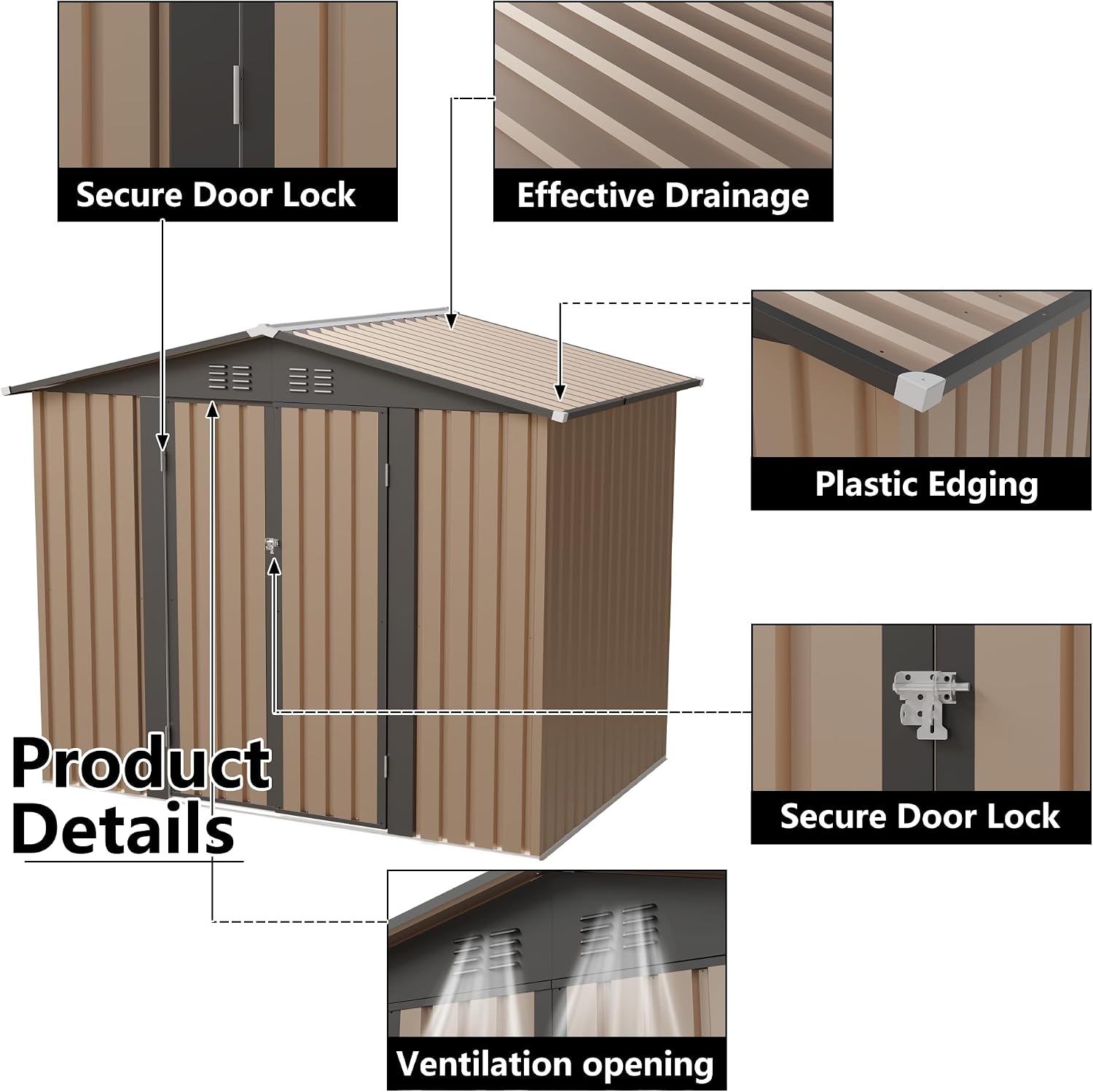 YOPTO 8x6 FT Outdoor Storage Shed,Waterproof Metal Cabinet with Apex Roof and Lockable,Storage Sheds House Shelter w/Vents,Tool House for Storing Bicycles,Lawnmowers,Brown