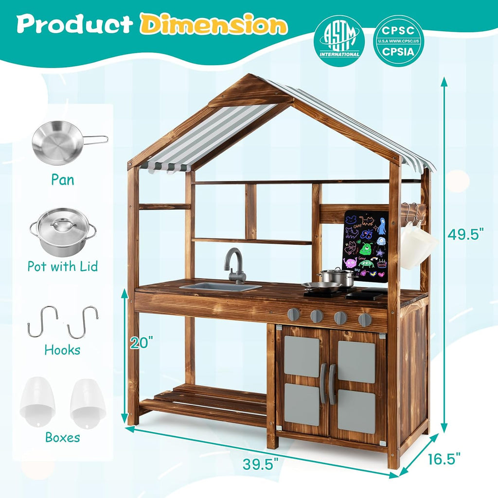 KOTEK Mud Kitchen with Canopy, Outdoor Play Kitchen with Removable Sink, Chalkboard, 4 Stoves, Cooking Accessories & Storage Cabinet, Wooden Toy Kitchen Playset for Kids Age 3+