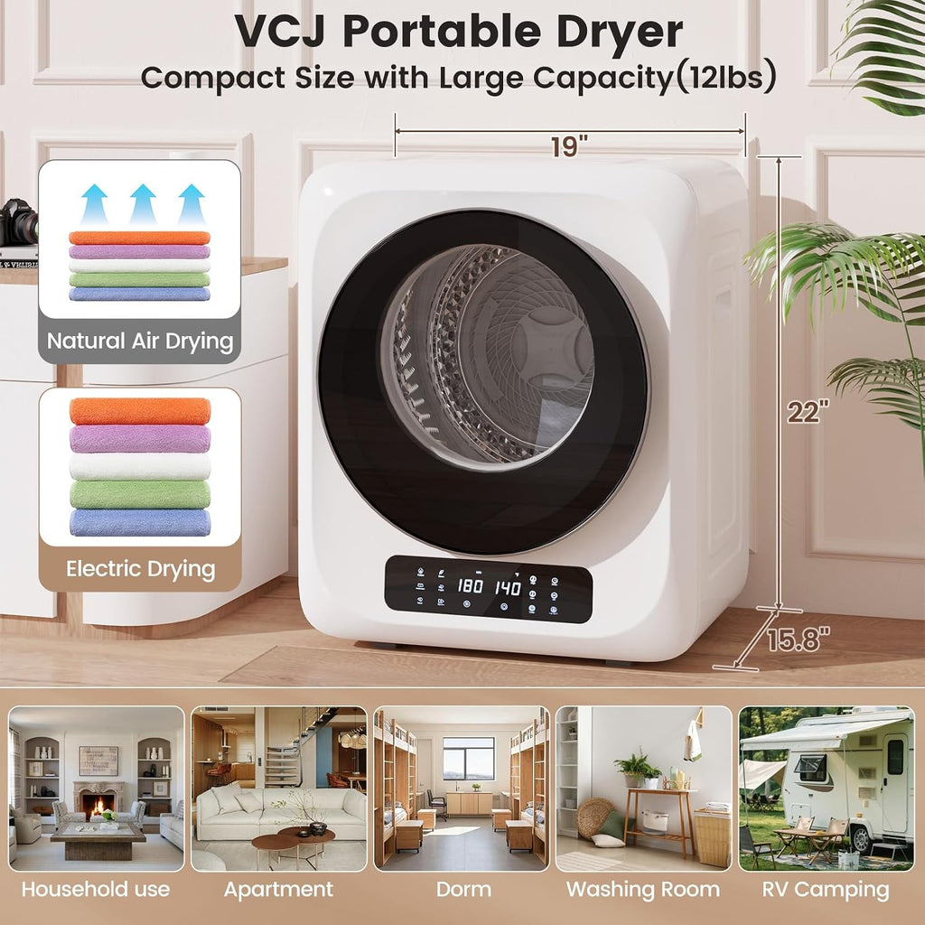 VCJ Portable Dryer for Laundry, 12lbs Clothes Dryer with 6 Drying Modes & 8H Timer, LED Display 850W Front Load Compact Electric Dryer for Apartment, RVs, Dorms