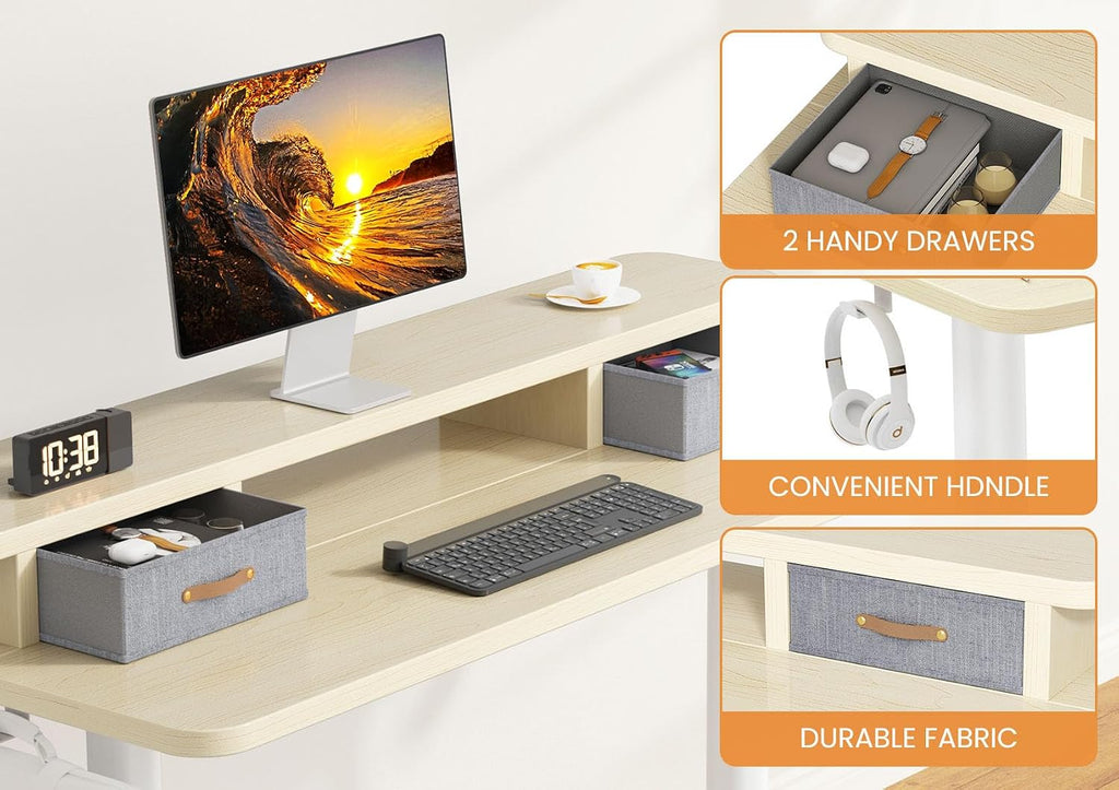Flycity Electric Standing Desk with Dual Drawers, 55' x 24' Height Adjustable Desk Sit Stand Desk with Memory Controller, Casters & 2 Hooks, Ergonomic Low Noise Home Office Desk, Maple