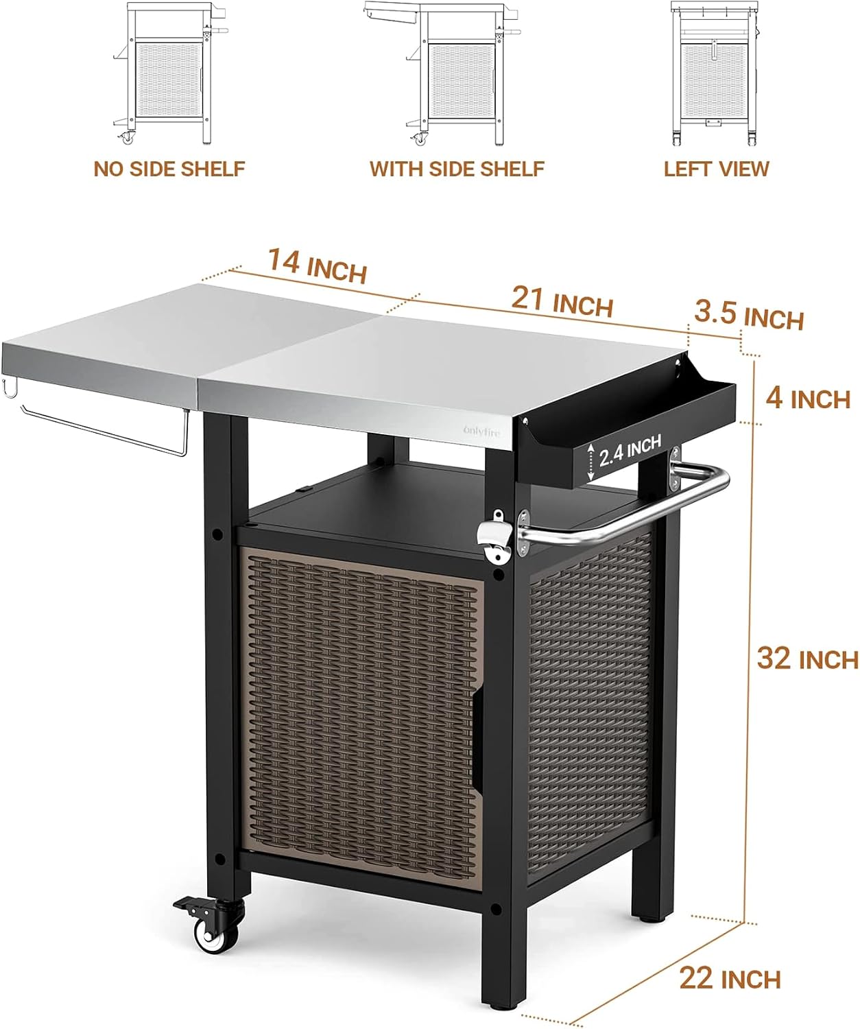 onlyfire 35 Inch Rolling Kitchen Island with XL Stainless Steel Top & Rattan Cabinet, Heavy-Duty BBQ Serving Cart for Indoor/Outdoor, Single Door Storage Worktable with Side Shelf & Wheels