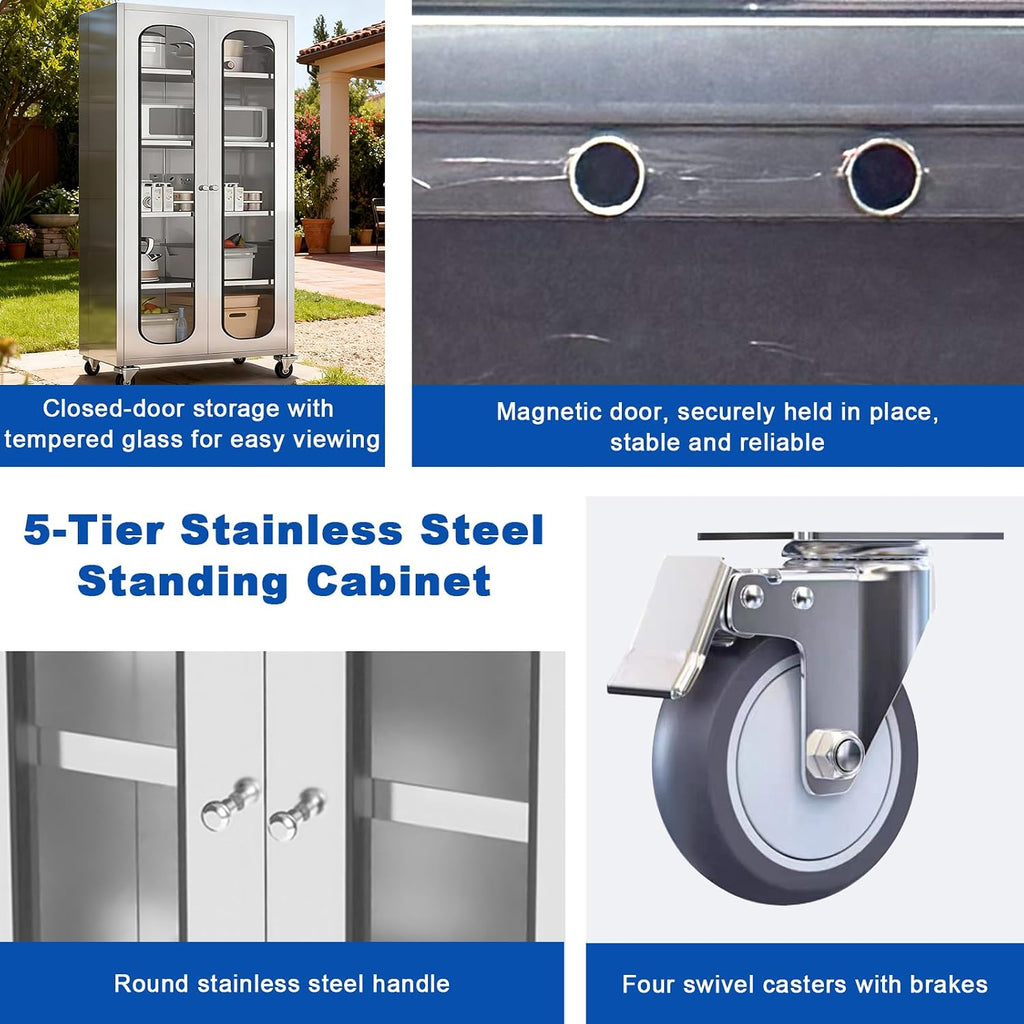 ZZV 68' Tall Stainless Steel Storage Cabinet with Wheels, Fully Assembled 5-Tier Kitchen Pantry Cabinet with Glass Doors for Garage, Utility Room, Laundry Room, Restaurant, Cafe, and Outdoor