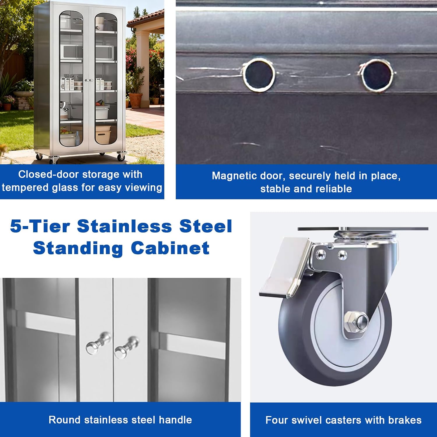 ZZV 68' Tall Stainless Steel Storage Cabinet with Wheels, Fully Assembled 5-Tier Kitchen Pantry Cabinet with Glass Doors for Garage, Utility Room, Laundry Room, Restaurant, Cafe, and Outdoor