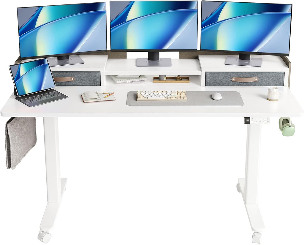 YDN Electric Standing Desk with Drawers, Adjustable Height Stand Up Desk, 59 inch Electric Sit Stand Computer Desk for Home Office, White