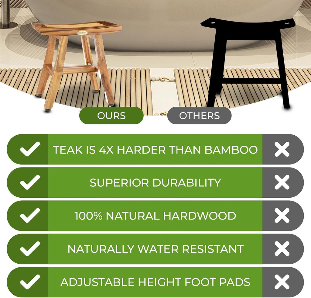 EcoDecors® Satori® 14' Solid Teak Shower Bench, Water-Resistant Bath Stool with Adjustable Feet, EarthyTeak Finish, Indoor/Outdoor Use