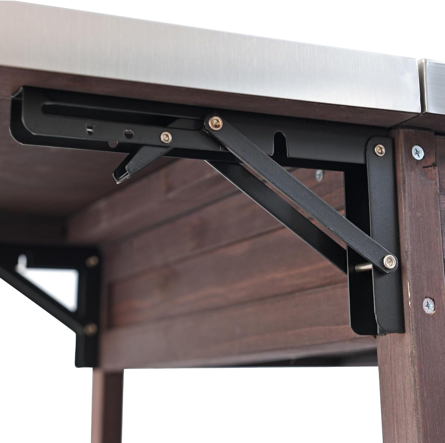 40.5' Outdoor Grill Cart with Stainless Steel Top, Solid Wood Outdoor Storage Cabinet with Drop Leaf, One Drawer, Towel Rack, Rolling Kitchen Cart with Lockable Wheels for Lawn Garden, Brown