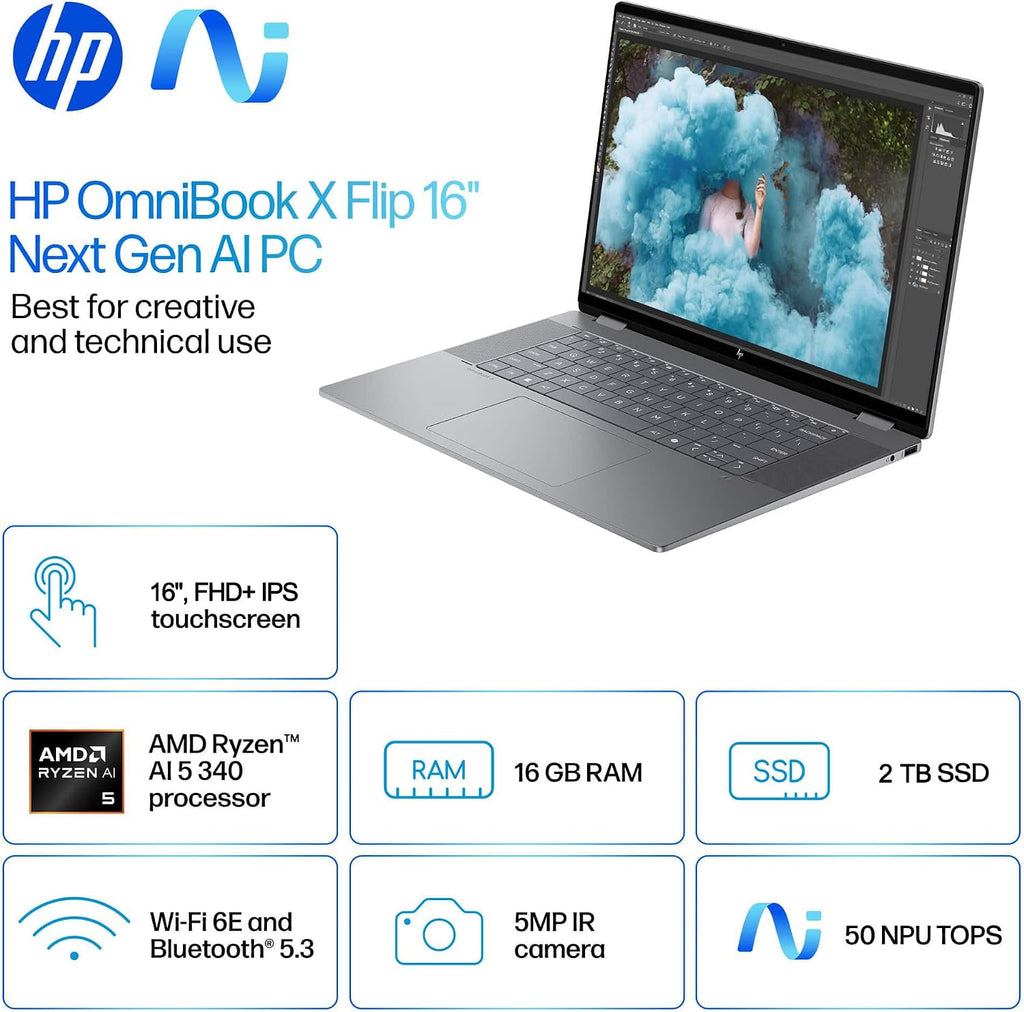 HP OmniBook X Flip (Next Gen Envy x360) 2-in-1 Touchscreen Laptop (16' FHD+, AMD Ryzen AI 5 340 (> Intel i7-1355U), 16GB DDR5 RAM, 2TB SSD) AI Copilot+ PC for Designer, Creator, Backlit, Win 11 Pro
