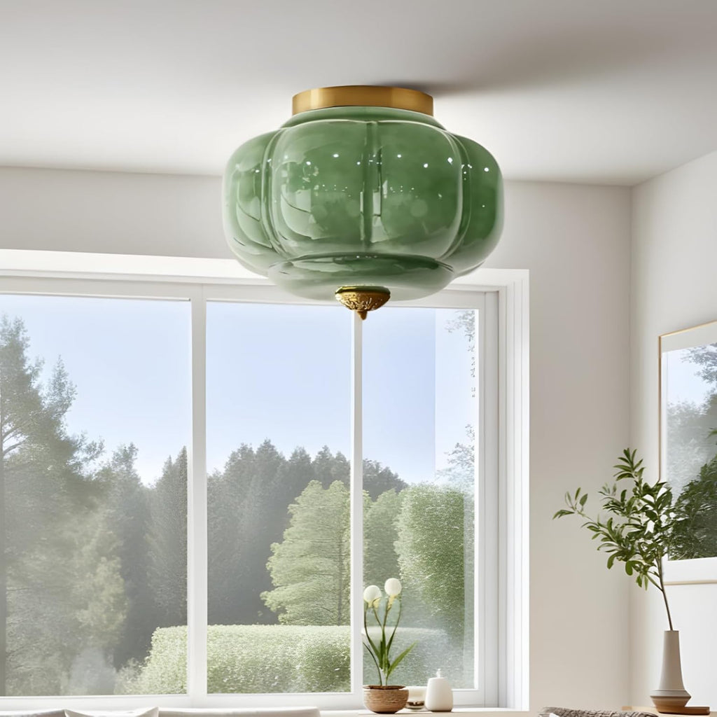 Bofea-Mid Century Semi Flush Mount Ceiling Light Fixture,Green Glass Hallway Light,Vintage Gold Ceiling Light,Antique Brass Lighting Fixture,Close to Ceiling Lamp for Kitchen Entryway Bathroom