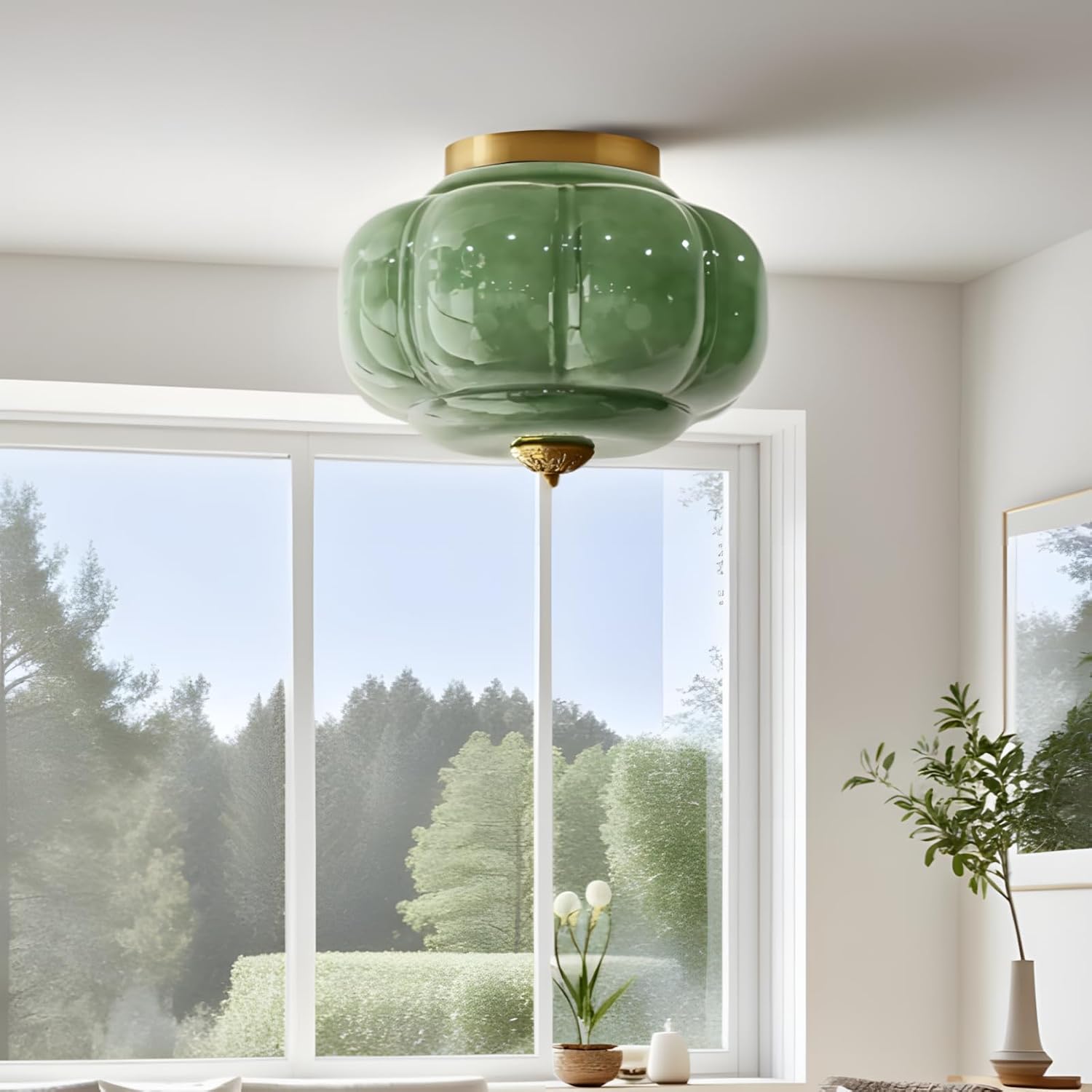 Bofea-Mid Century Semi Flush Mount Ceiling Light Fixture,Green Glass Hallway Light,Vintage Gold Ceiling Light,Antique Brass Lighting Fixture,Close to Ceiling Lamp for Kitchen Entryway Bathroom