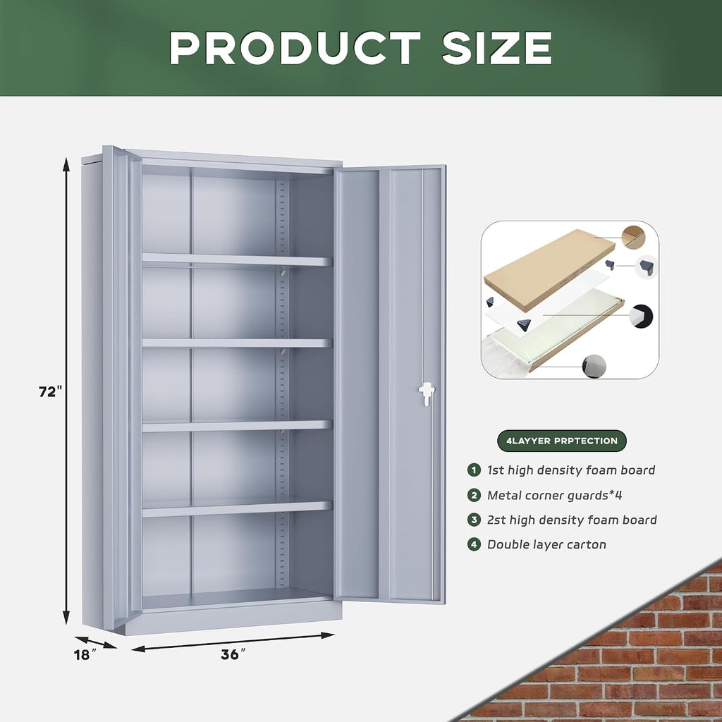 Greenvelly Metal Storage Cabinet with Locking Doors, 72' Dark Grey Lockable Storage with Adjustable Shelves, Steel Tool Cabinet for Home Office, Garage (36' x 18')