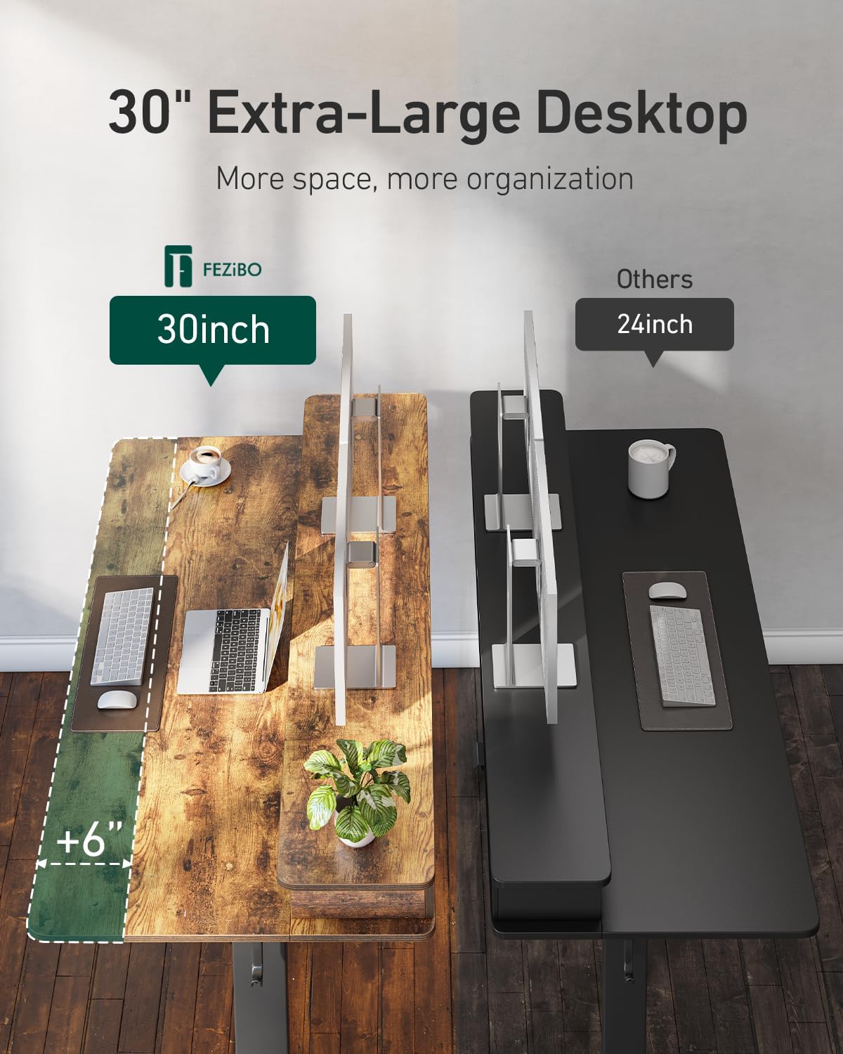 FEZIBO 55 x 30 inch Standing Desk with Drawers, Height Adjustable Electric Workstation, Computer Sit Stand Up Table with Large Storage Shelf 4 Drawers and 2 Hooks, Rustic Brown