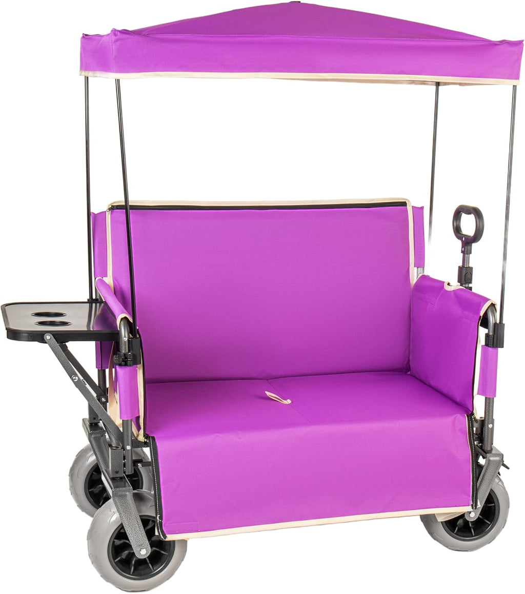 3-in-1 Folding Wagon with Bench Seat – 500lbs Capacity,Reinforced Carbon Steel Frame, 180L Cargo Space– Perfect for Camping, Beach, Outdoor Events & Heavy-Duty Hauling (Purple + Carport)