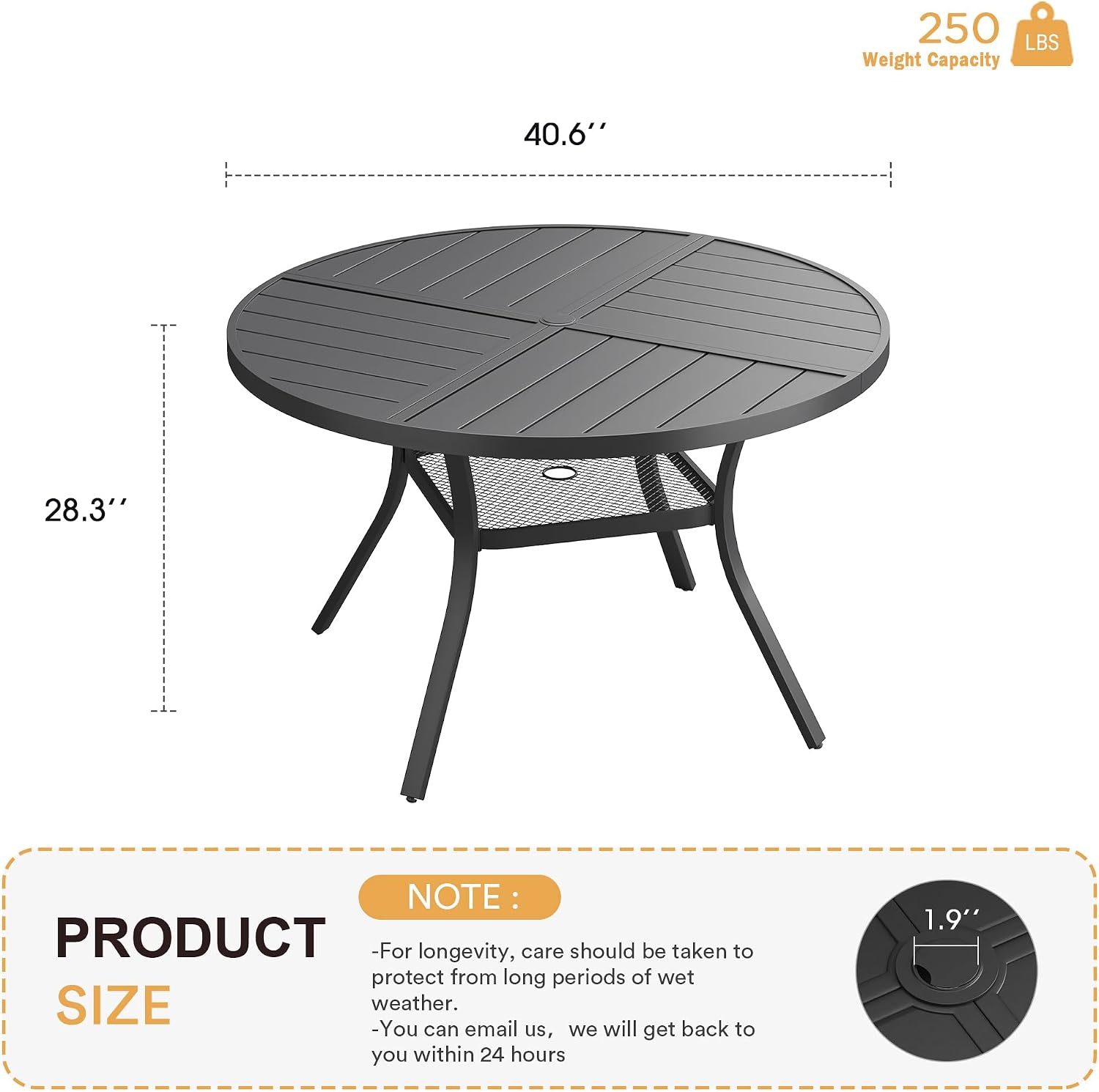 VICLLAX Round Patio Table with Adjustable Umbrella Hole for 4, All Weather Metal Outdoor Dining Table for Lawn Garden, 40.6' Outdoor Coffee Table, Black Tabletop