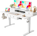 TIQLAB 55 * 28 Inch Standing Desk with Four Drawers, Electric Sit Stand Table, Stand Up Desk Adjustable Height with Storage Shelf, Splice Board, White
