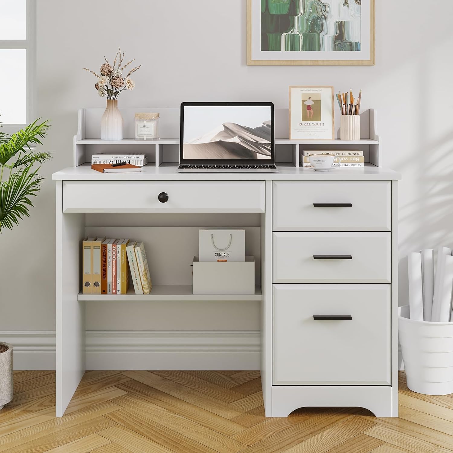 4 EVER WINNER White Desk with Drawers, 44 Inch Small Computer Desk with File Drawer and Monitor Stand, Wood Desk with Storage Shelf for Small Spaces, Living Room, Bedroom, White