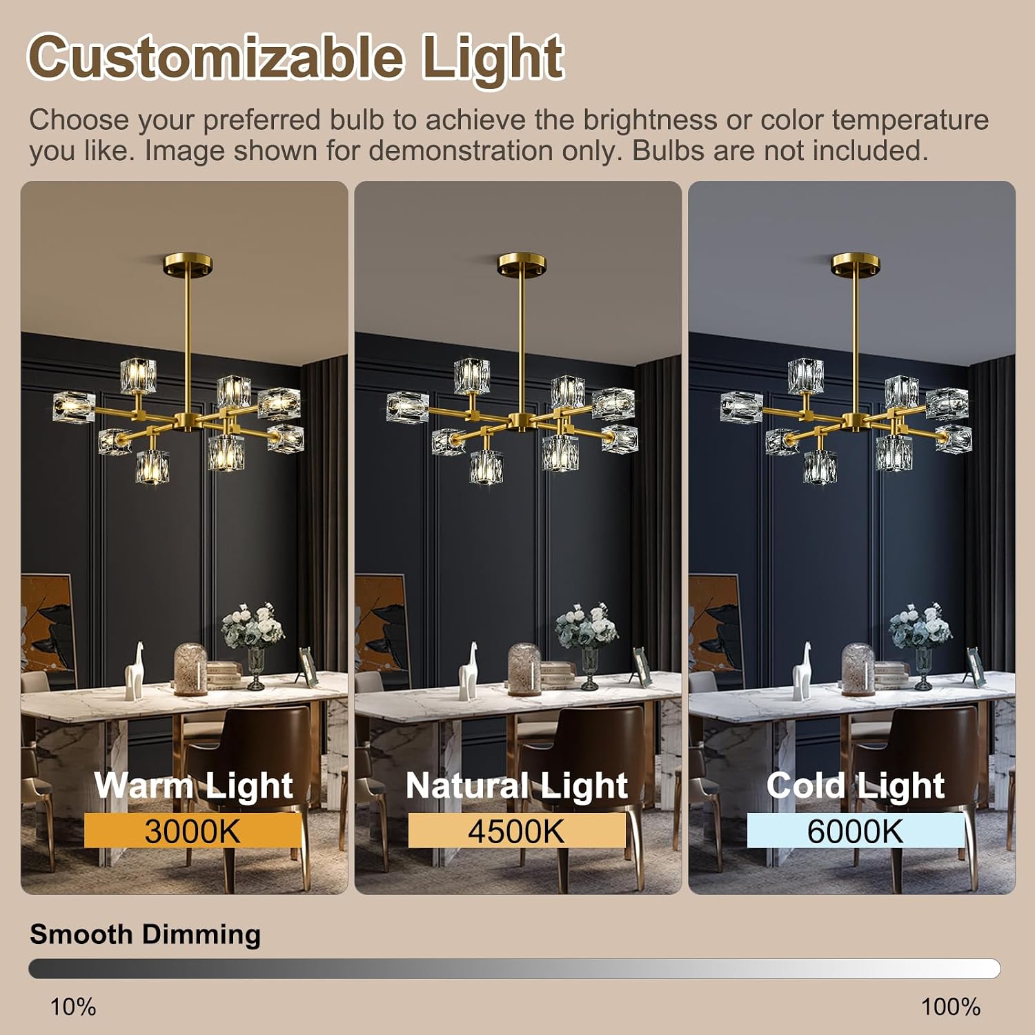 Modern Sputnik Crystal Kitchen Chandelier - Luxury Elegant 8 Light Gold Brushed Brass Chandeliers - Adjustable Height Pendant Lighting Ceiling Fixture for Dining Room Living Room Island Table Bedroom